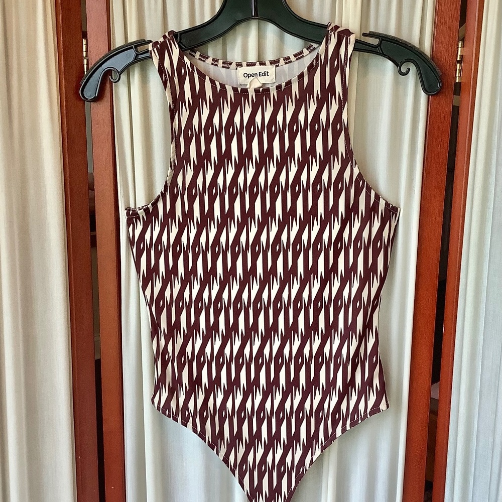 Open Edit Women's High Crew Geometric Cutout Bodysuit Brown/Ivory Size Small